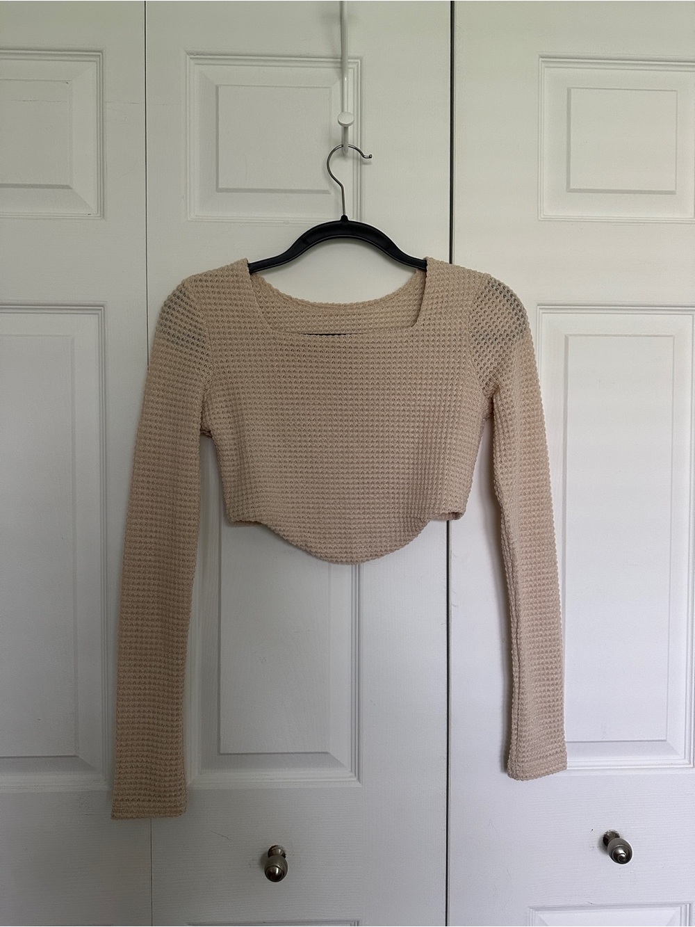 Women's Cream Waffle Knit Square-Neck Crop Top